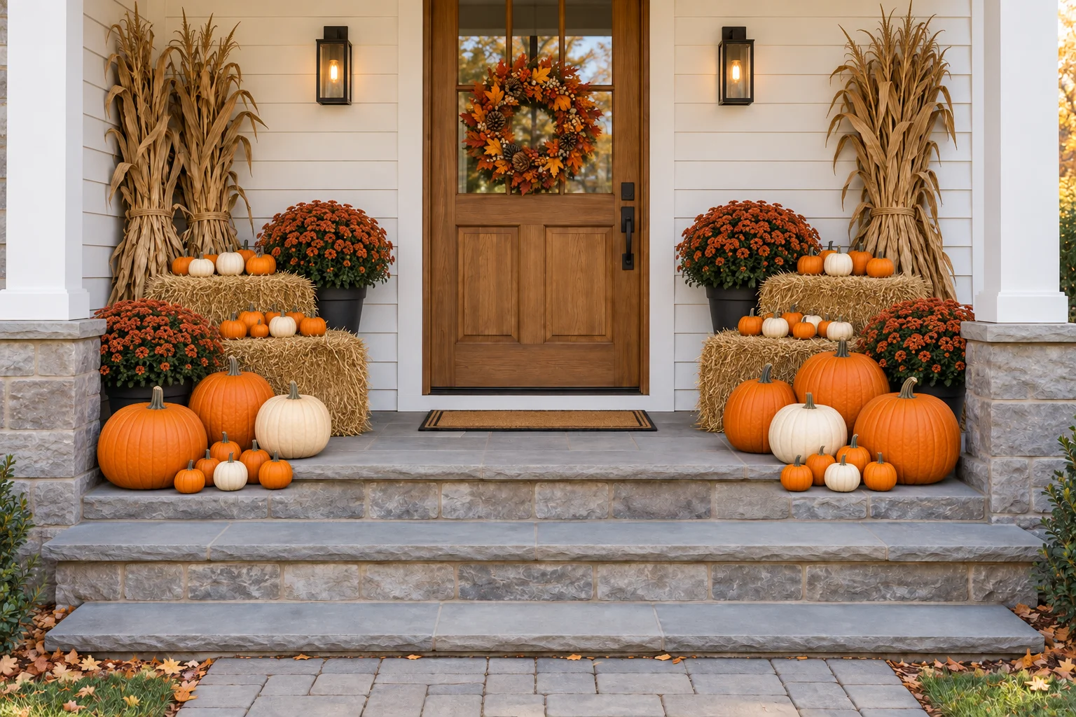 Superior design illustration on the same white porch, showing abundant pumpkins, plants and seasonal styling