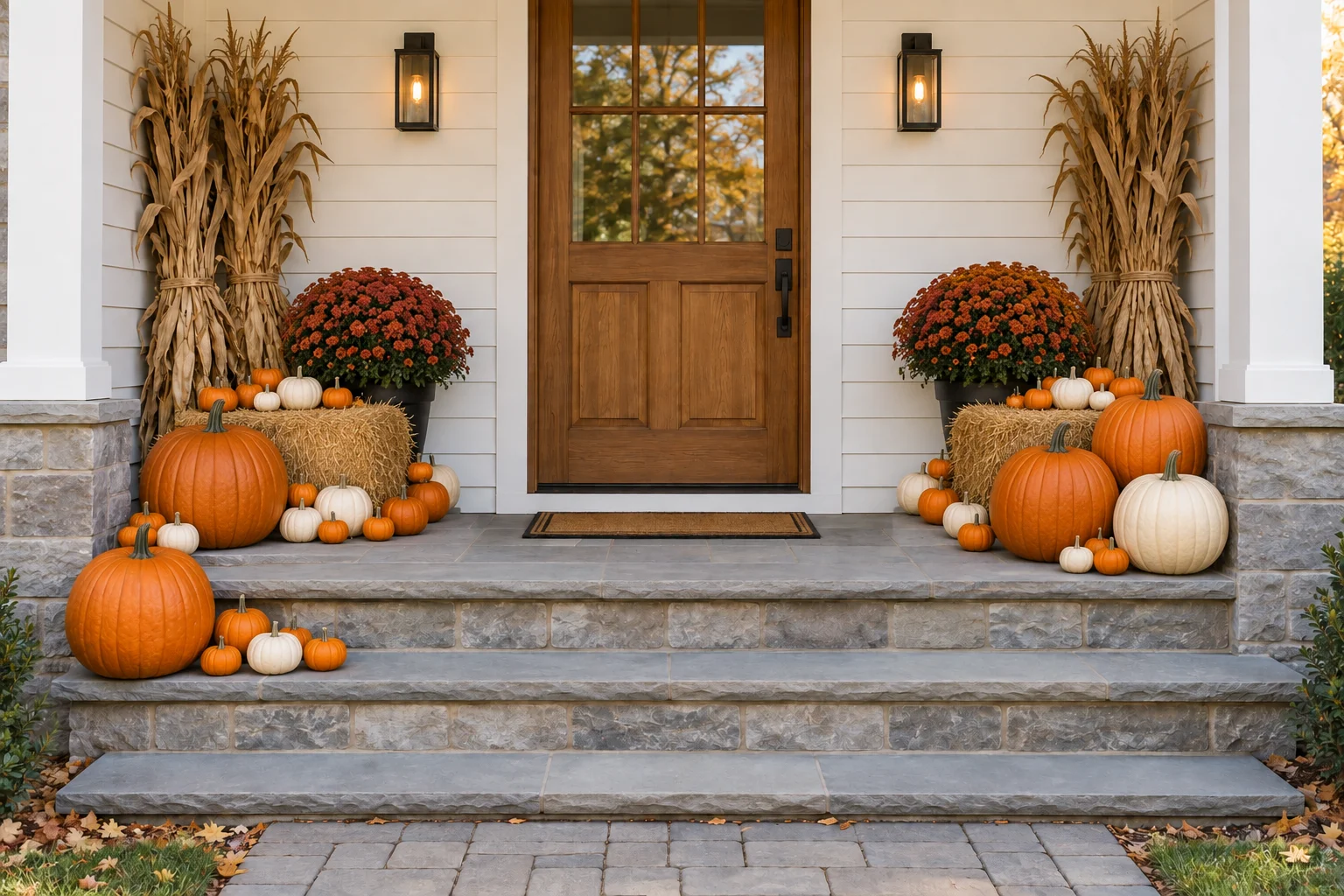 Value design illustration on the same white porch, showing a fuller arrangement on both sides