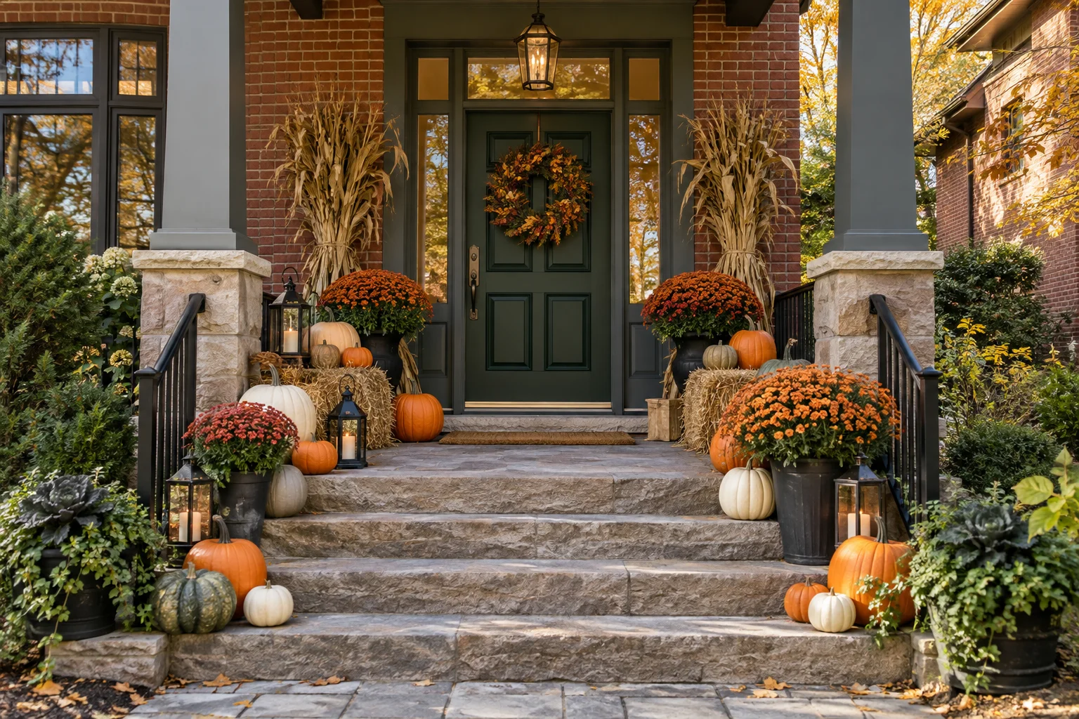 Illustrative autumn porch with orange pumpkins, straw bales and chrysanthemums